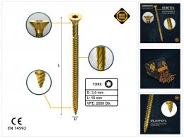 FORTE Tools Universal Holzschraube 3,0 x 16 mm T10 2000 Stk. ( 4x 000051399461 ) gelb verzinkt Torx Senkkopf Vollgewinde