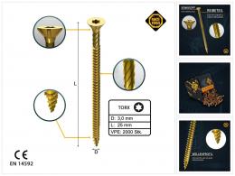 FORTE Tools Universal Holzschraube 3,0 x 25 mm T10 2000 Stk. ( 4x 000051399463 ) gelb verzinkt Torx Senkkopf Vollgewinde