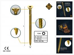 FORTE Tools Universal Holzschraube 3,5 x 35 mm T15 400 Stk. ( 2x 000051399469 ) gelb verzinkt Torx Senkkopf Vollgewinde