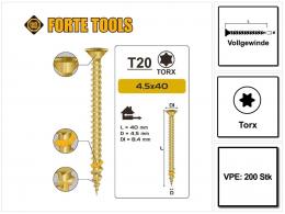 FORTE Tools Universal Holzschraube 4,5 x 40 mm T20 200 Stk. ( 000051399478 ) gelb verzinkt Torx Senkkopf Vollgewinde
