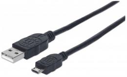 Hi-Speed USB Micro-B Anschlusskabel MANHATTAN USB 2.0, Typ A Stecker - Micro-B Stecker, 480 Mbps, 3 m, Schwarz