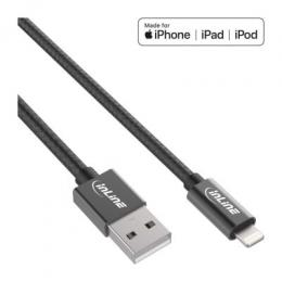 InLine Lightning USB Kabel, schwarz/Alu, 2m MFi-zertifiziert