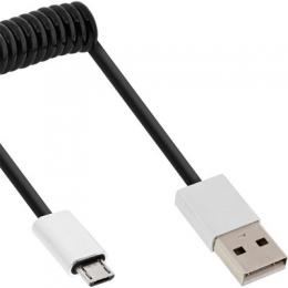 InLine Micro-USB 2.0 Spiralkabel, USB-A Stecker an Micro-B Stecker, schwarz/Alu, flexibel, 0,5m