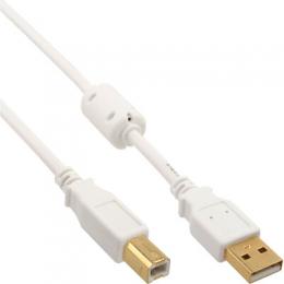 InLine USB 2.0 Kabel, A an B, wei / gold, mit Ferritkern, 10m