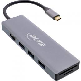 InLine USB 3.2 Typ C Multi Hub (3x USB-A 5Gb/s + USB Typ-C (PD 100W), Cardreader, HDMI 4K@30Hz), OTG, Metallgehuse