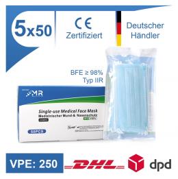 MR Solutions Medizinischer Mund Nasenschutz 250 Stk. Filtration BFE 98 % EN 14683:2019+AC:2019 Typ IIR 3 lagige OP Maske
