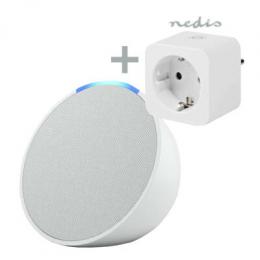 Bundle Amazon Echo Pop weiß + Nedis Smart Plug Kompakter und smarter Bluetooth-Lautsprecher + Smartlife Smart Stecker, WLAN, Leistungsmesser, 3680 W,