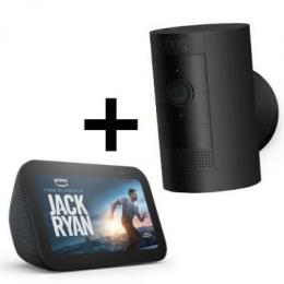 Bundle Amazon Ring Außenkamera Akku black+ Echo Show Überwachungskamera aussen mit 1080p-HD-Video, WLAN, witterungsbeständig, geeignet für dein Haus &