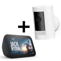 Bundle Amazon Ring Außenkamera Akku white + Echo Show Überwachungskamera aussen mit 1080p-HD-Video, WLAN, witterungsbeständig, geeignet für dein Haus