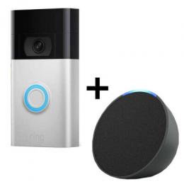 Bundle Amazon Ring Videotürklingel Akku + Echo Pop Türklingel mit Kamera, HD-Video, WLAN, Bewegungserfassung, Nachtsicht, Akku | Nickel Matt