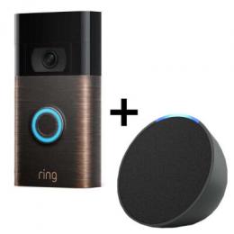 Bundle Amazon Ring Videotürklingel Akku + Echo Pop Türklingel mit Kamera, HD-Video, WLAN, Bewegungserfassung, Nachtsicht, Akku | Venezianische Bronze