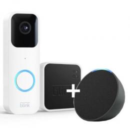 Bundle Blink Video Doorbell + Sync Module 2 weiss + Echo Pop Türklingel mit Kamera, lange Batterielaufzeit, Bewegungserfassung, App-Benachrichtigungen
