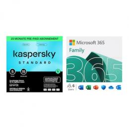 Microsoft 365 Family [6 Benutzer // 1 Jahr + 3 Monate extra] + Kaspersky Standard Anti-Virus [5 Geräte – 15 Monate]